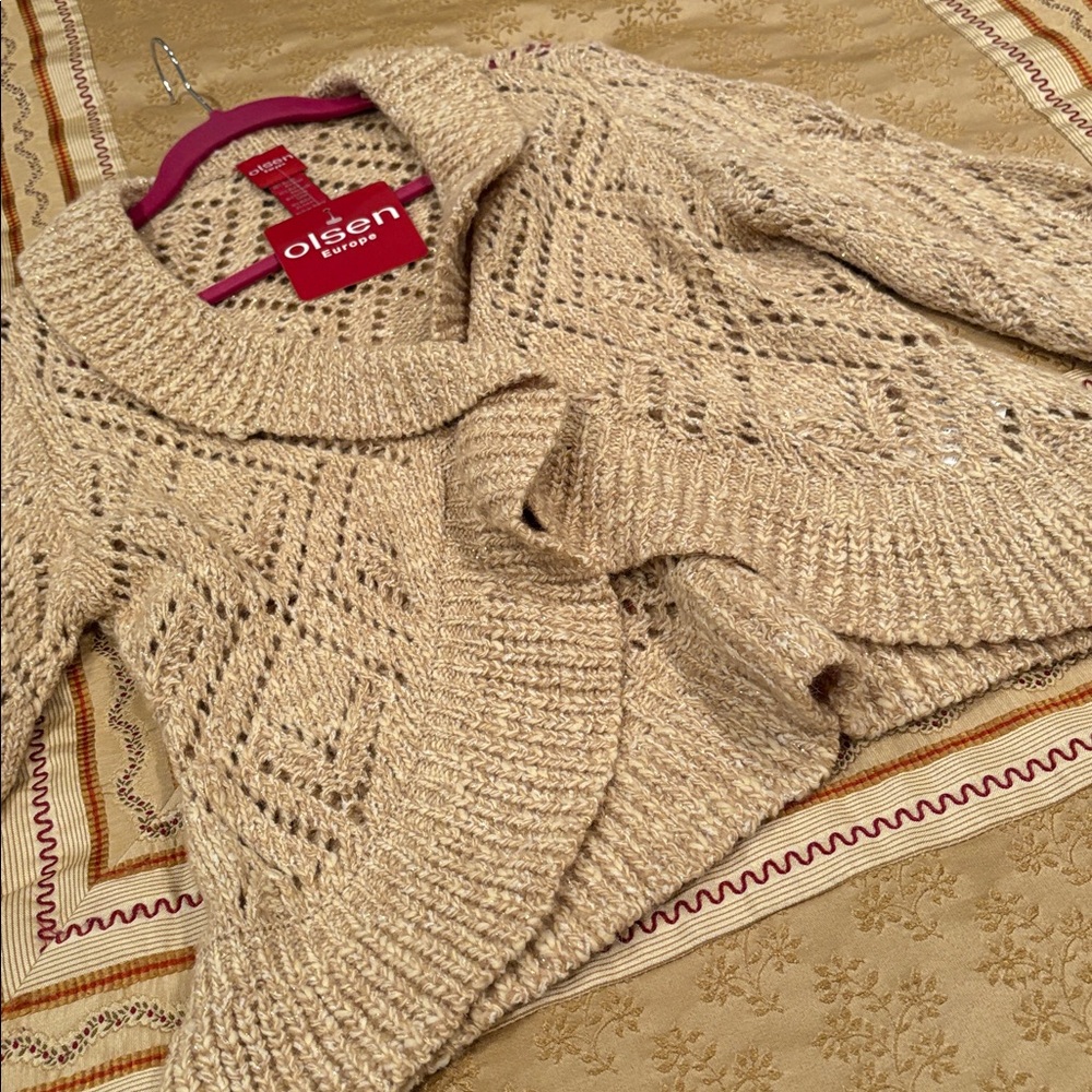 NWT Olsen Europe Boho Pearl Button Front Cardigan, Tan-Gold,   Acrylic Blend, 10